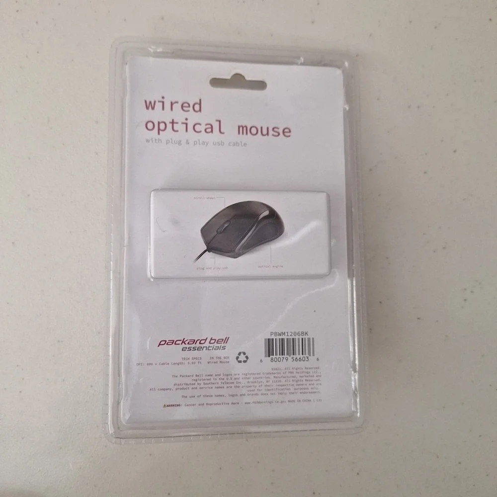 Packard Bell Wired Optical Mouse PBWM1206BK Ergonomic USB 2.0